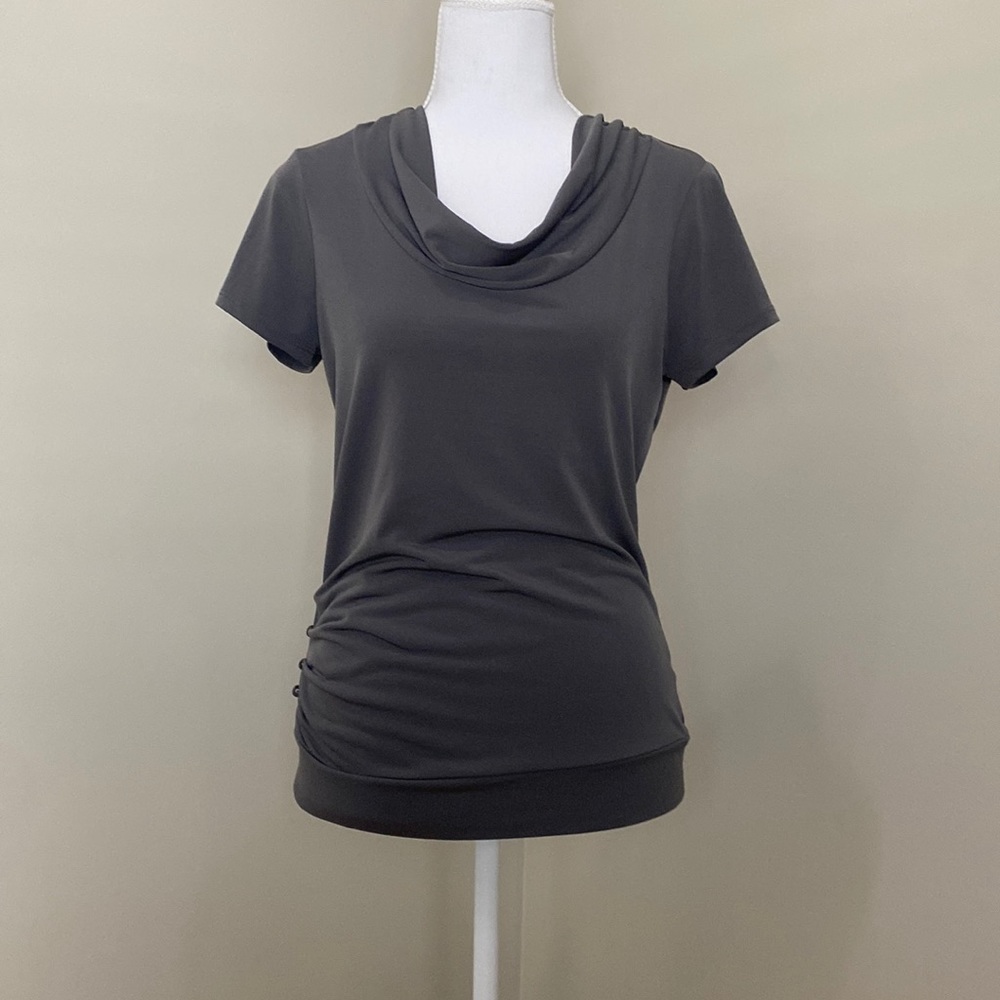 Gray Short-Sleeved Top with Cowl Neck and Side Button Detail